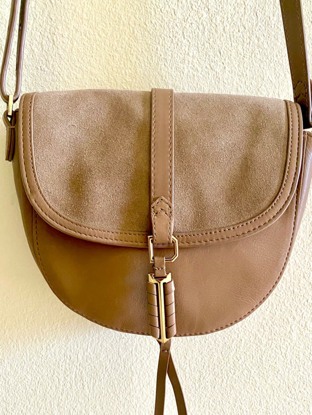Women’s Suede & Leather Saddle Crossbody Bag in Taupe